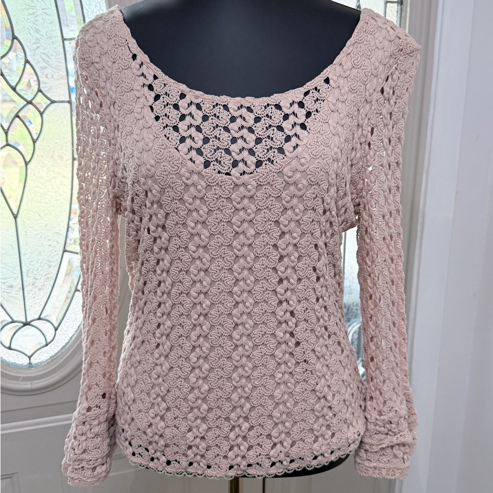Free People Cream Crochet Lace Boho Scoop Back Long Sleeve Top – Size Small - Picture 2 of 11